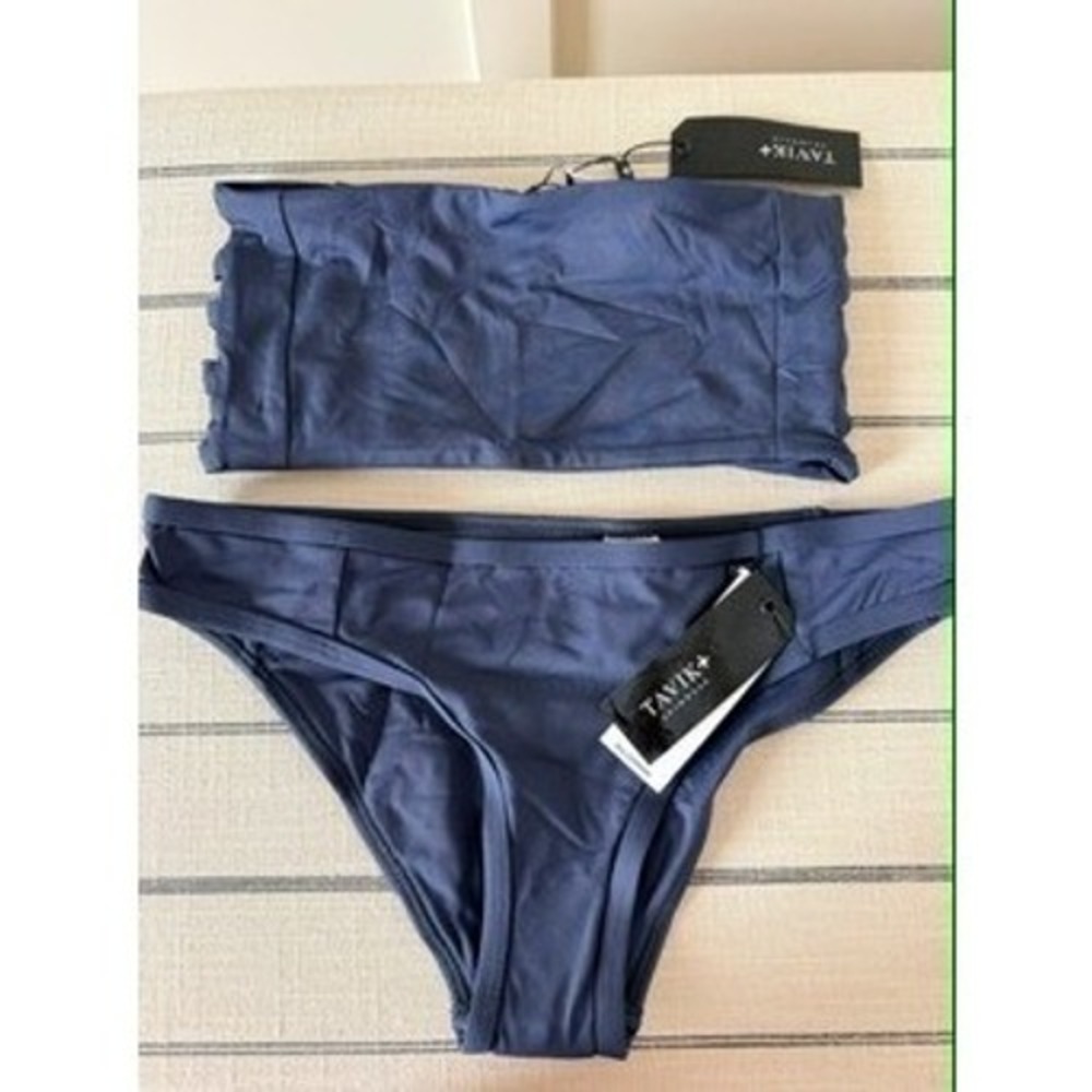 Tavik Swimwear Jessi Bandeau Bikini Set Navy Blue Cutout Strapless Small NWT